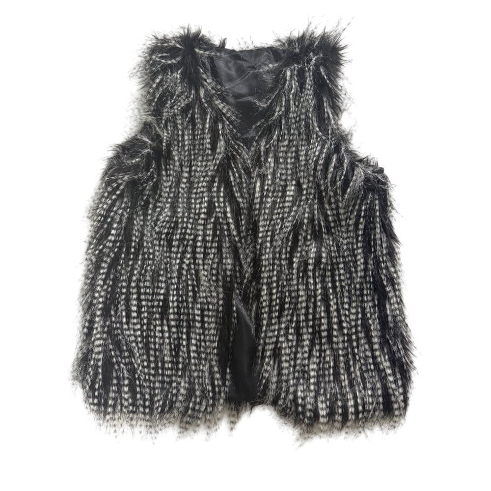 Womens M Faux Fur Black White Vest‎ Satin Lined Whimsigoth Dark Angel Fairy Fun